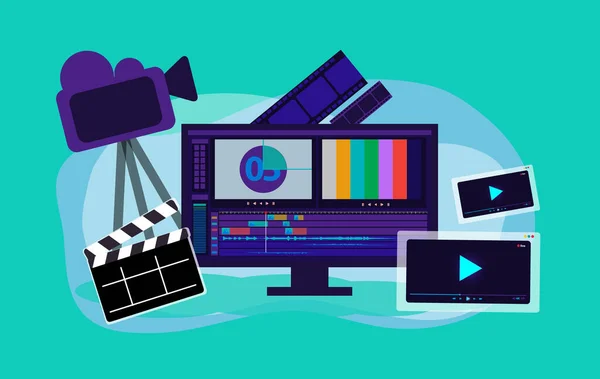 video prodüksiyon vektörü illüstrasyonu, film düzenleme monitörü, alkış tahtası, film şeridi, kamera, video oynatıcı arayüzü