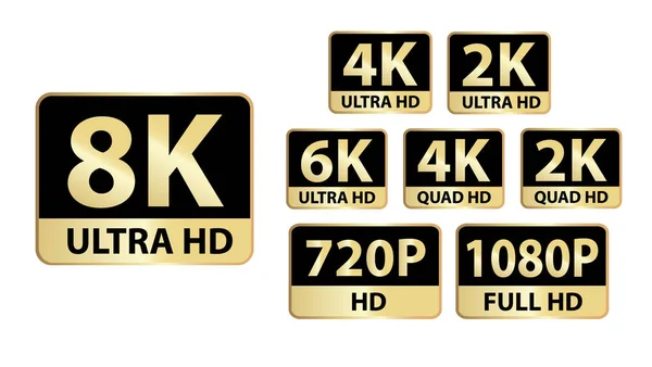  yüksek çözünürlüklü video simgesi seti, 8k, 4K, 2k, HD, Tam HD vektör resimleme