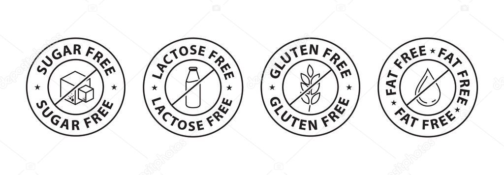 gluten free icon, fat free icon, lactose free icon, sugar free icon, black color vector illustration