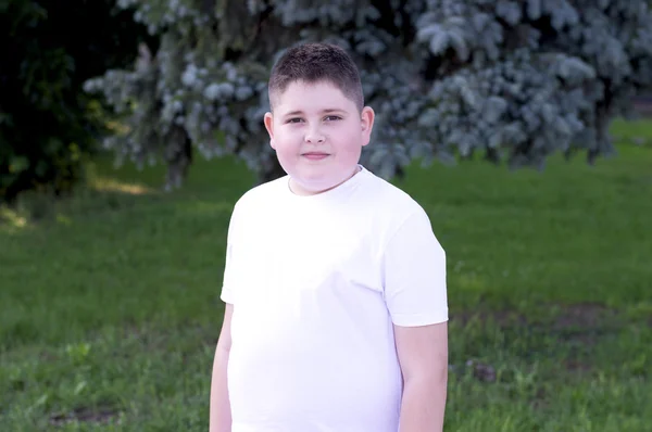 El muchacho en la camiseta blanca contra la verdura del parque — Foto de Stock