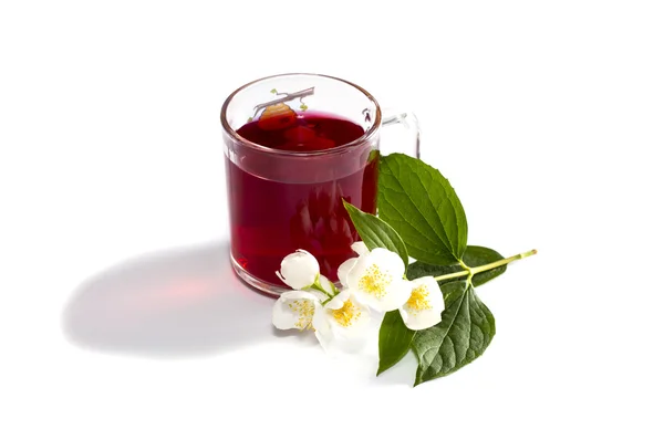 Tasse de thé rouge à proximité de la fleur — Photo