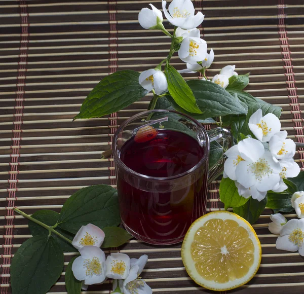 The red tea decorated with branches of the blossoming bush — Stock Photo, Image