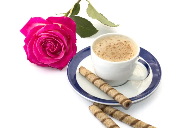 Pembe Gül ve kapuçino üzerinde mavi bir daire