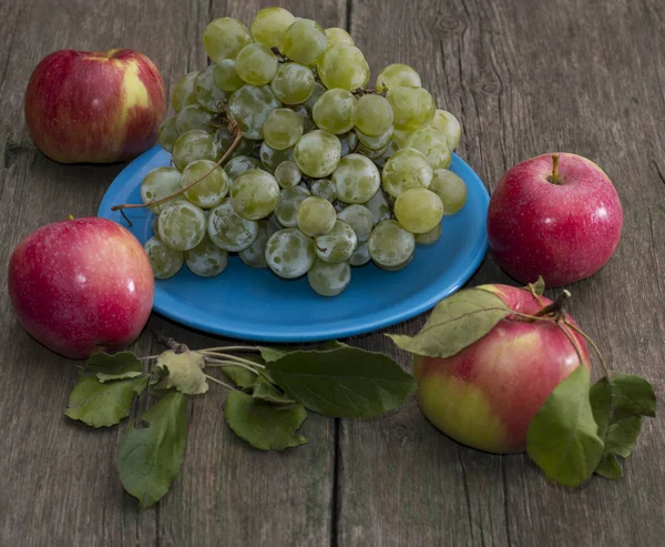 Zátiší talíř hroznů a čtyři jablka — Stock fotografie