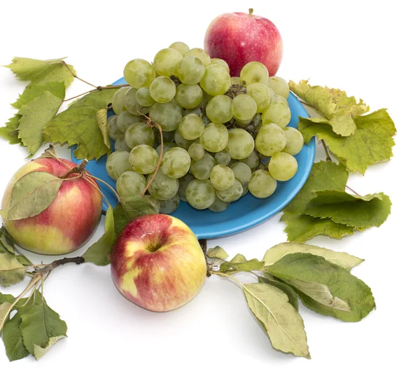 Plato con uvas y una fila de manzanas, la imagen aislada —  Fotos de Stock