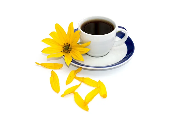 Masih hidup secangkir kopi, bunga kuning dan kelopak di dekatnya, isola — Stok Foto