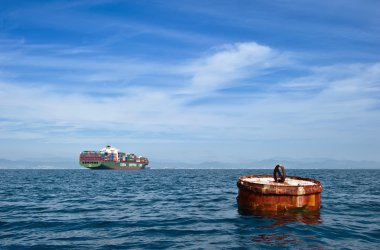 Nakhodka. Rusya - 17 Eylül 2015: Eski şamandıra ile bağlantı içinde belgili tanımlık geçmiş vasıl dolu bir konteyner gemisi.