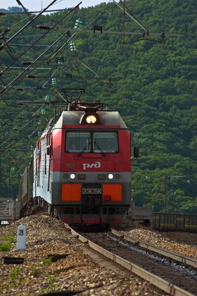 Nakhodka. Russia - June 26, 2016: Electric locomotive 23C5K class moves from Nakhodka to port Vostochny.