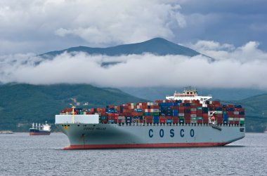 Nakhodka. Rusya-18 Temmuz 2016: konteyner gemisi Cosco Hellas ayakta çapa, yollarda.