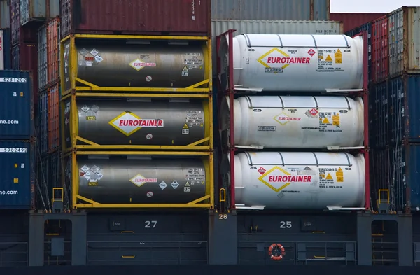 Containers with dangerous goods standing on the deck of a ship.  East (Japan) Sea. Pacific Ocean. 09.04.2014 — Stock Photo, Image