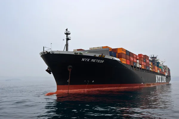 Container navio NYK Meteor em pé nas estradas em âncora. Baía de Nakhodka. Mar do Leste (Japão). 09.04.2014 — Fotografia de Stock