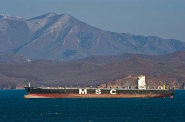 Konteyner gemisi Msc Busan ayakta çapa, yollarda. Nakhodka Bay. Doğu (Japonya) deniz. 18.02.2014