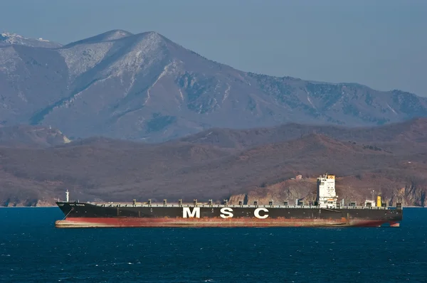 Containerfartyget Msc Busan stående på vägarna ankar. Nakhodka Bay. Öst (Japan) havet. 18.02.2014 — Stockfoto