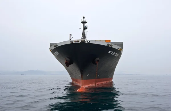 Container ship NYK Meteor standing on the roads at anchor. Nakhodka Bay. East (Japan) Sea. 09.04.2014 — Stock Photo, Image