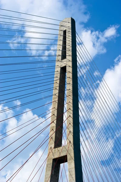 Pylon cabo-permanecido ponte contra o pano de fundo de um céu nublado . — Fotografia de Stock