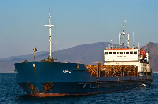 Amur-36 ship loaded with logs at anchor in the roads. Nakhodka Bay. East (Japan) Sea. 31.03.2014 — ストック写真