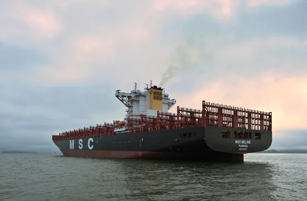 Nakhodka, Federacja Rosyjska-22.07.2015:Container statku Msc Meline stojący na drogach na kotwicy. Nakhodka Bay. East morza (Japonia). 22.07.2015 — Zdjęcie stockowe