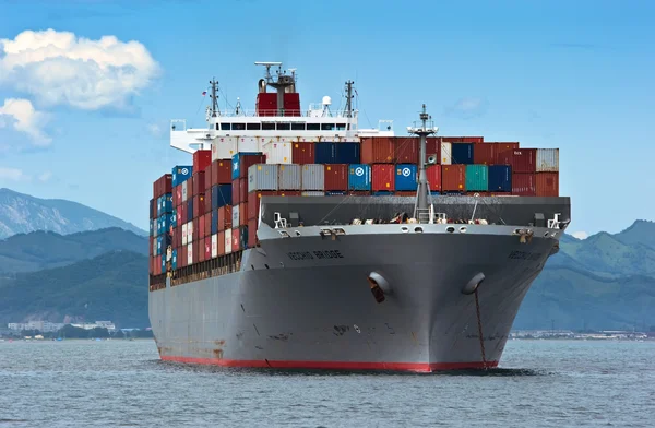 Nachodka, Rusland-02.08.2015: containerschip Vecchio Bridge staande op de wegen anker. Nachodka Bay. East (Japan) Zee. 02.08.2015 — Stockfoto