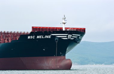 Nakhodka, Rusya Federasyonu-22.07.2015: yay büyük konteyner gemi Msc Meline, yollar bağlantılı. . Nakhodka Bay. Doğu (Japonya) deniz. 22.07.2015