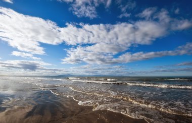 Parlak, güneşli gün sahilde.