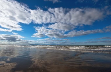 Parlak, güneşli gün sahilde.