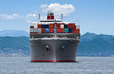 Nakhodka, Rusya Federasyonu-02.08.2015: konteyner gemisi Vecchio Köprüsü ayakta çapa, yollarda. Nakhodka Bay. Doğu (Japonya) deniz. 02.08.2015