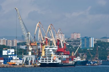 Gemiler yatak konteyner terminali vardır. Vladivostok. Doğu (Japonya) deniz. 02.09.2015