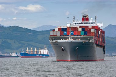 Nakhodka. Rusya - 2 Ağustos 2015: konteyner gemisi Vecchio Köprüsü ayakta çapa, yollarda. 