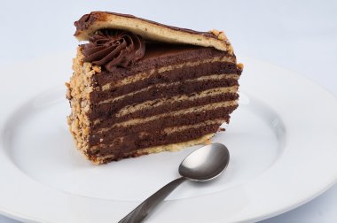 Bir dilim çikolatalı kek çikolata parlak şurubu tepesi ile bir