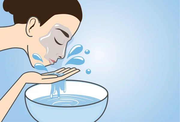 Жінка очищає обличчя водою . — стоковий вектор