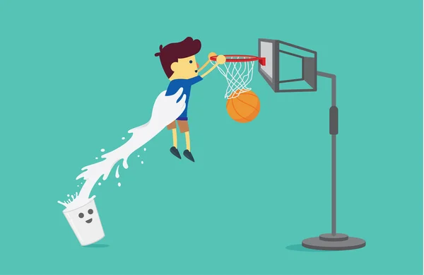 Ποτήρι γάλα άρση ένα αγόρι να πυροβολήσει μια μπάλα του μπάσκετ. — Διανυσματικό Αρχείο