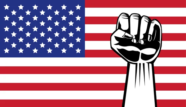 Sollevamento mano per mostrare pugno su sfondo bandiera americana . — Vettoriale Stock