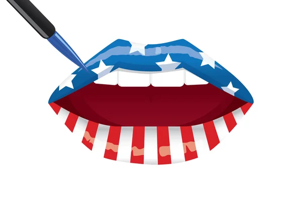 Pintura de lábios bandeira americana com escova . —  Vetores de Stock