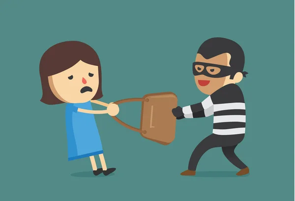 Bandido arrebatando bolsa de mujer . — Vector de stock