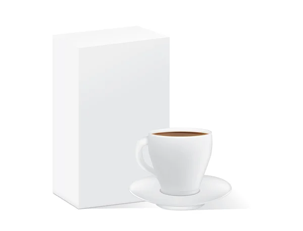 Белая чашка кофе и блюдце возле белой бумажной коробки — стоковый вектор