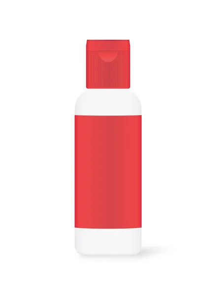 Белая пластиковая бутылка с красной этикеткой и красной крышкой — стоковый вектор