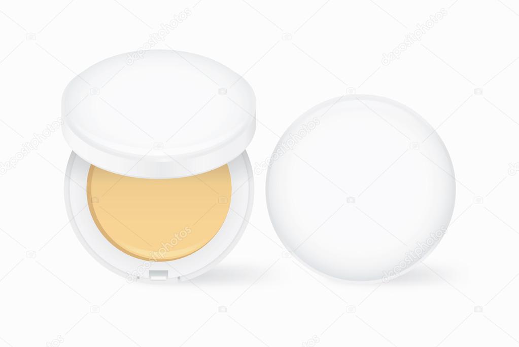 Makeup face powder nude color in white case. Open and closed for cosmetic mock up and other.