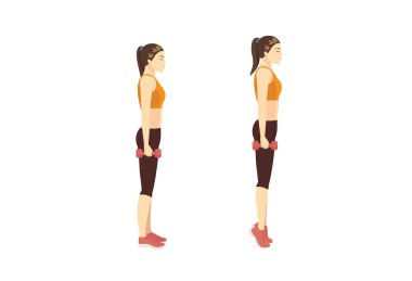 Spor yapan kadın ayak parmaklarıyla egzersiz yapıyor ve selüliti azaltmak için elinde dambıl tutuyor. İnce bacak için baldır küçültme diyagramı.