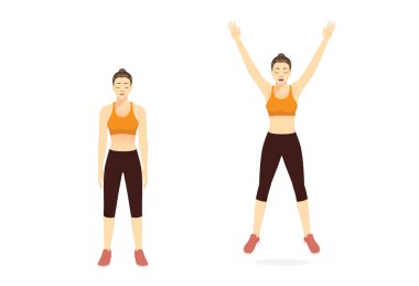 Sporcu kadın atlama egzersizi yapıyor. Kardiyovasküler sağlık için poz veriyor ve metabolizmanı geliştiriyor. Egzersiz diyagramı için çizgi film: Yağ yakmak için egzersiz duruşu.