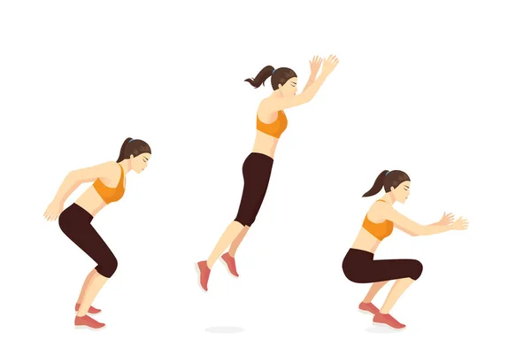 Sport women doing exercise in standing long jumping postures. Illustration about step by step of fitness pose for good exercise. — Stock Illustration Sport Women Doing Exercise Standing Long Jumping Postures Illustration Step Royalty Free Stock Illustrations