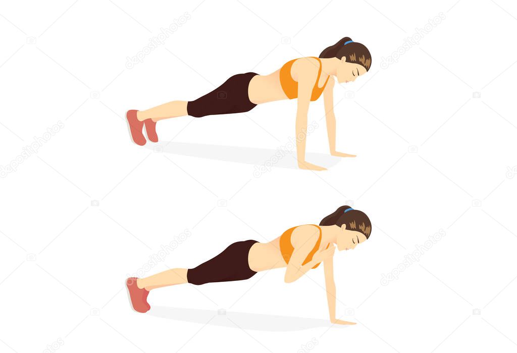 Sport woman doing exercise with Plank Shoulder Taps on the floor in 2 steps. Cartoon for workout diagram in exercise posture for flat abs.