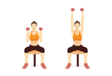 Women doing Seated Dumbbell Shoulder Press on bench. Illustration about exercise diagram for arm and chest and shoulder. clipart