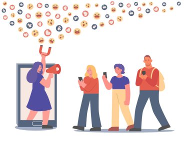 Akıllı telefondan mıknatıs ve megafon tutan kadınlar takipçilerini duygulandırıyor. Vlog ile çevrimiçi Nüfuz Edici Pazarlama Konsepti.