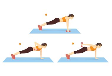 Woman doing Plank Row and Kickback Exercise with a dumbbell on the mat in 3 steps for Abdominal and arm. Cartoon Illustration about workout diagram. vector Woman doing Plank Row and Kickback Exercise with a dumbbell on the mat in 3 steps for Abdominal and arm. Cartoon Illustration about workout diagram. vector