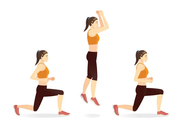 Women Doing Explosive Jumping Alternating Lunges Exercise Steps Lower Body — Stock Vector