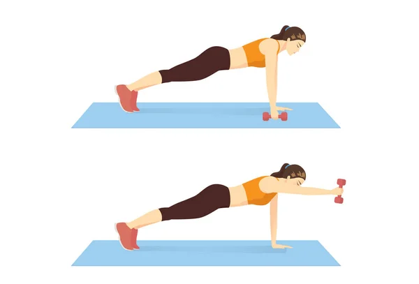 Mujer Haciendo Ejercicio Con Mancuerna Plank Front Levante Postura Estera — Vector de stock