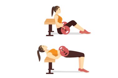 Sporcu kadın 2 adım sonra halterle ve halatla kalça darbesi yapacak. Ağırsıklet Halter ile zorlu bir antrenman hakkında diyagram çalışması.
