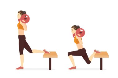 Spor kadın iki adım sonra Bench 'te halter çekme egzersizi yapacak. Egzersiz ekipmanları ile çok zorlu bir egzersiz diyagramı.