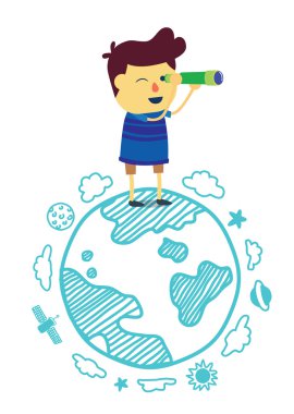 Uzayda teleskopla bakarak çocuğun