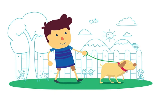 Niño paseando a la mascota perro, la vida de bienestar — Vector de stock